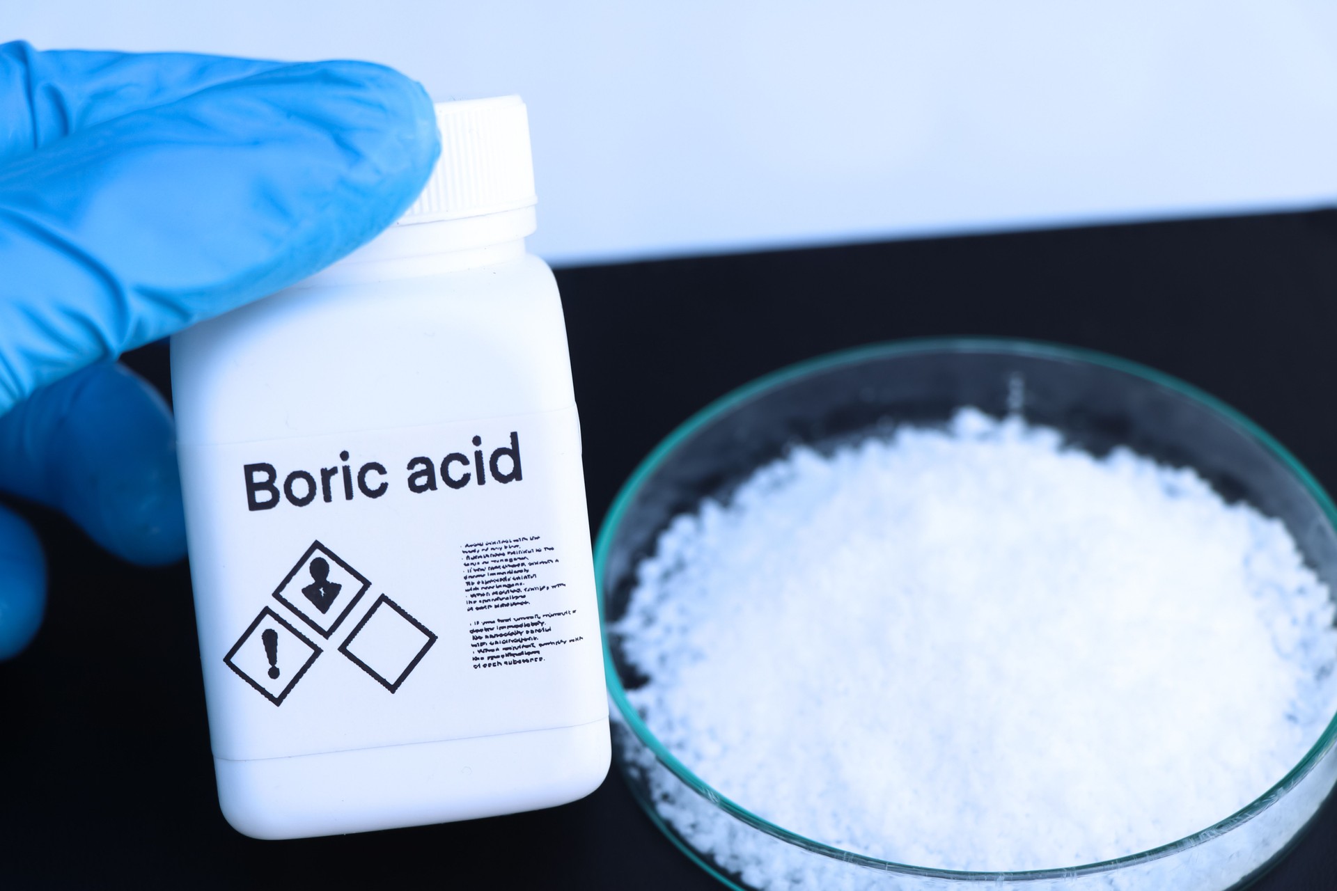 Boric acid in bottle, chemical in the laboratory and industry